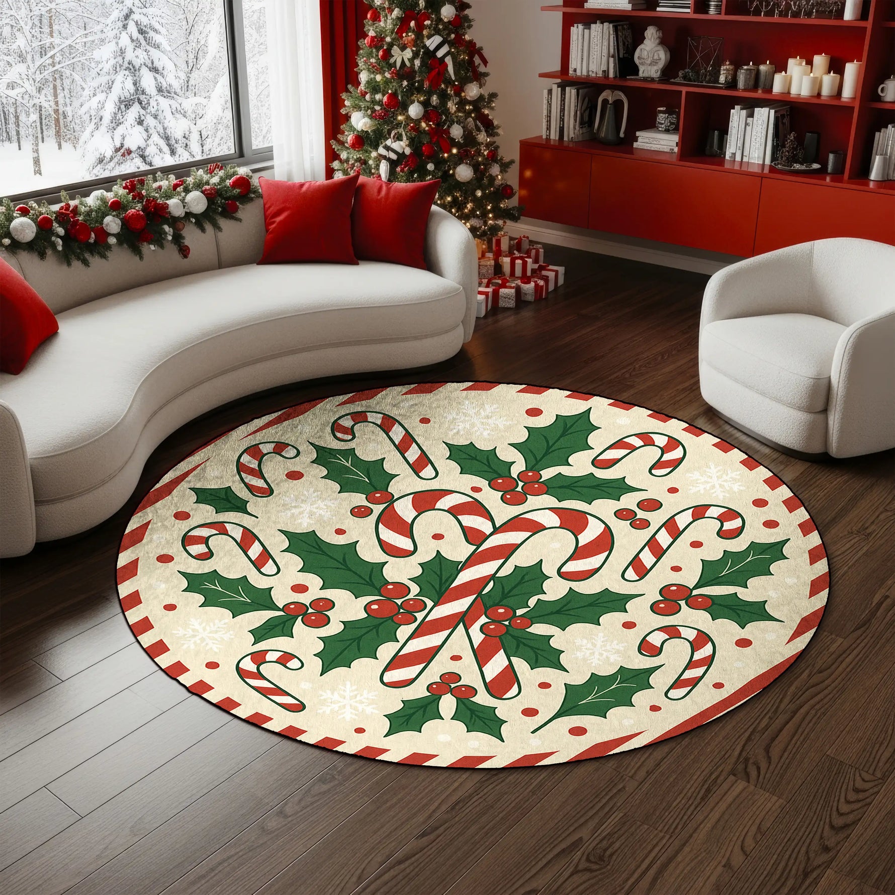 Candy cane Christmas round rug with holly leaves
