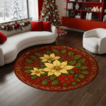 Decorative Christmas rug with poinsettias in a living room setting.


