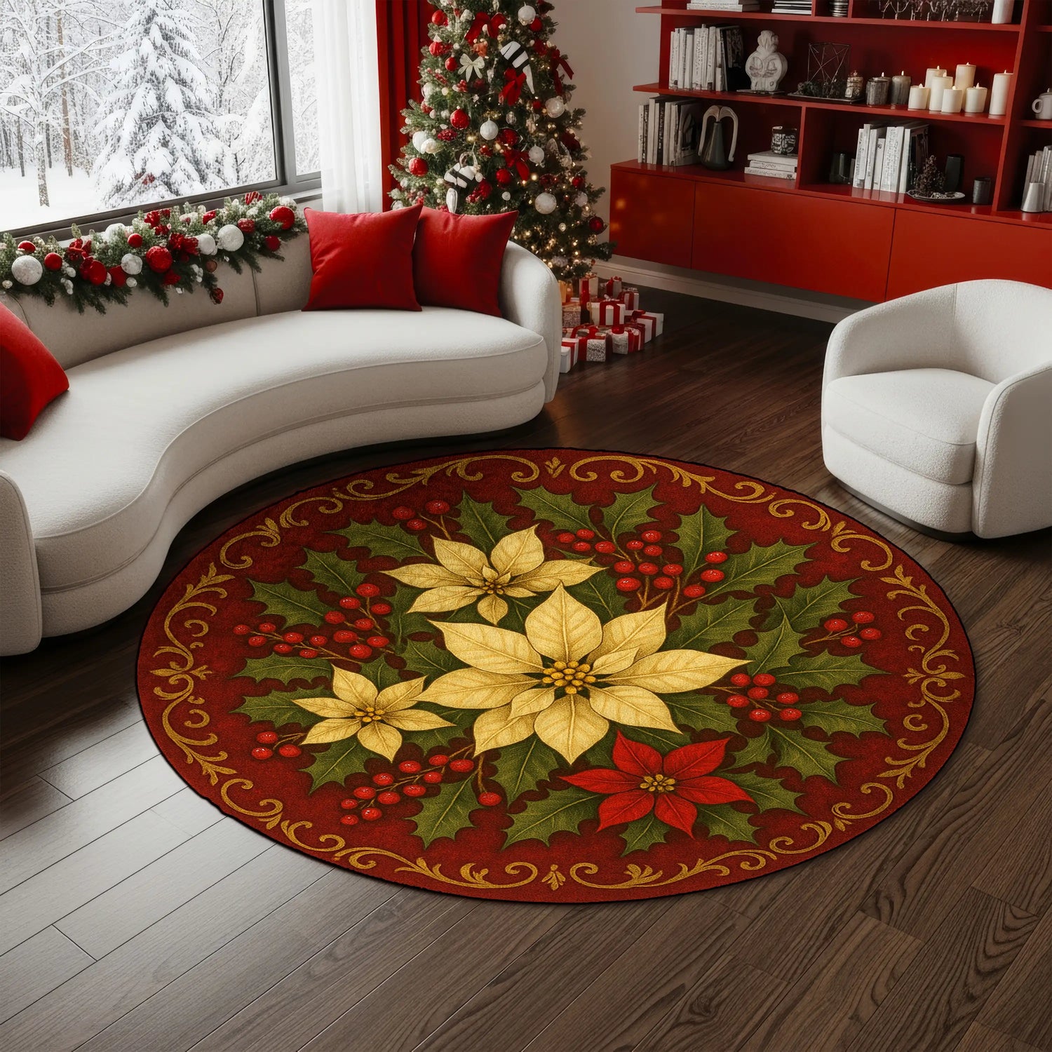 Decorative Christmas rug with poinsettias in a living room setting.

