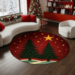 Decorative Christmas rug with trees and stars in a living room setting.

