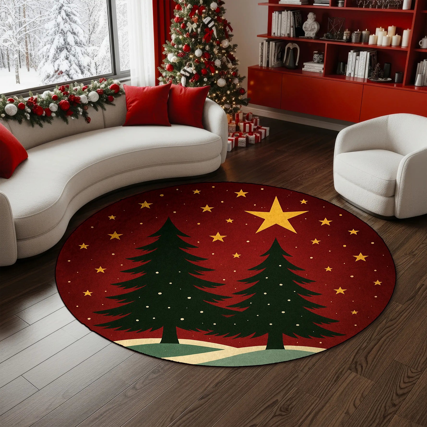 Decorative Christmas rug with trees and stars in a living room setting.


