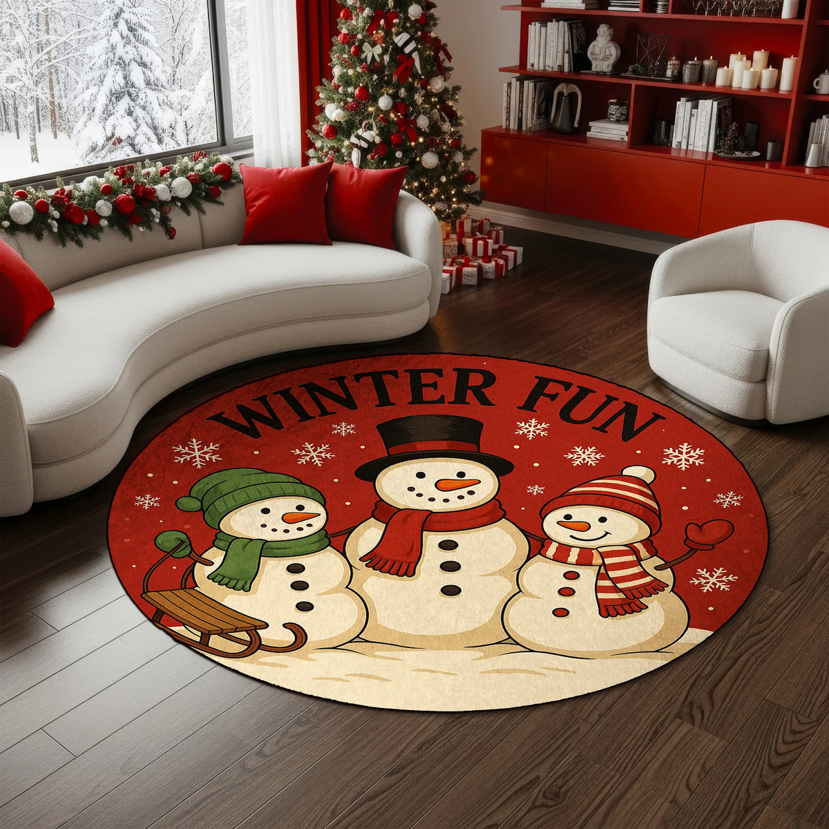 Round rug with snowmen and 'Winter Fun' text in a living room setting.

