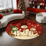 Round rug with snowmen and 'Winter Fun' text in a living room setting.

