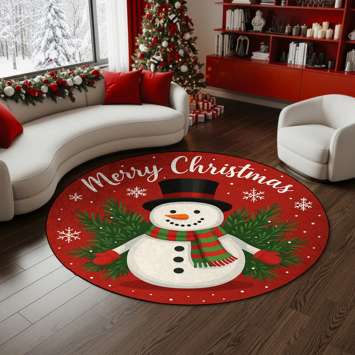 Merry Christmas snowman round rug with evergreen branches