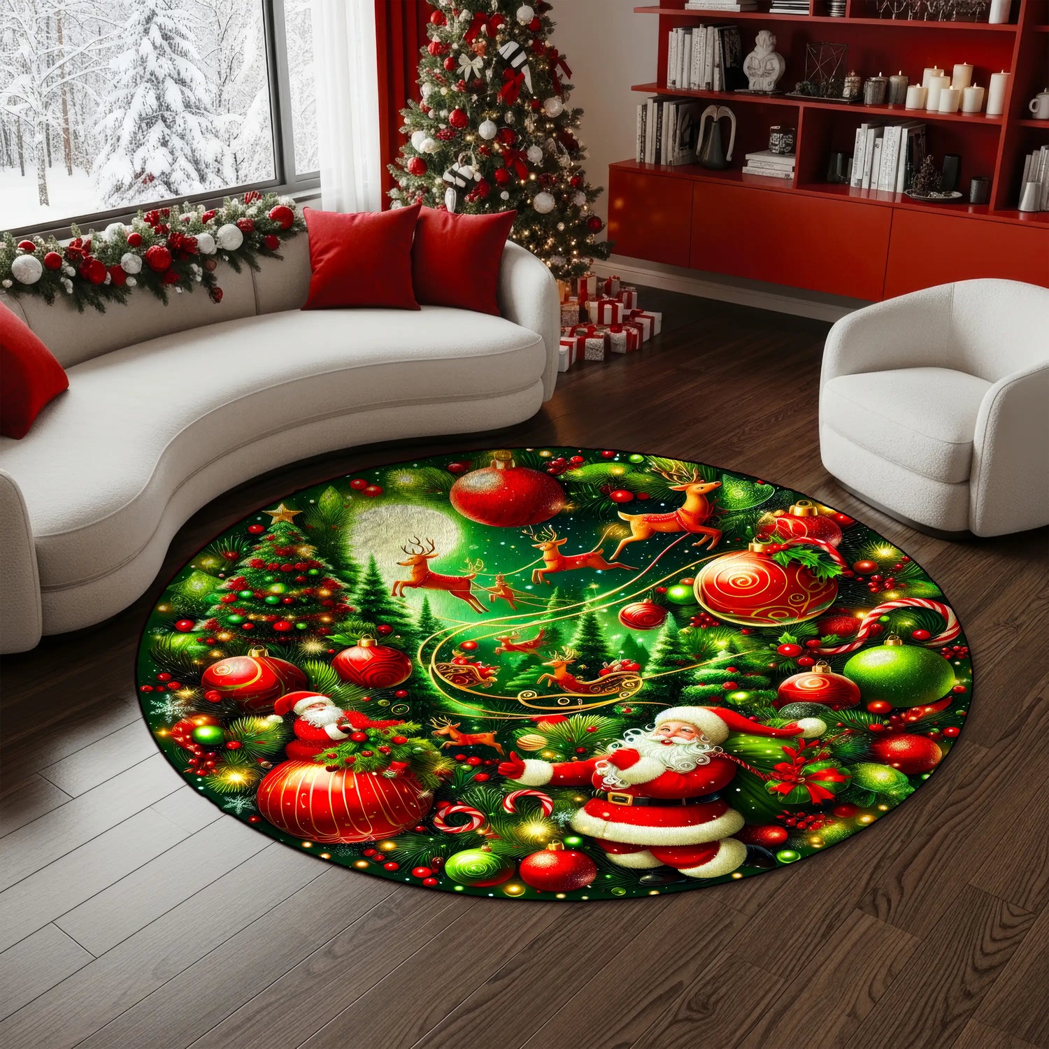 Decorative Christmas rug with Santa Claus and reindeer design in a living room.