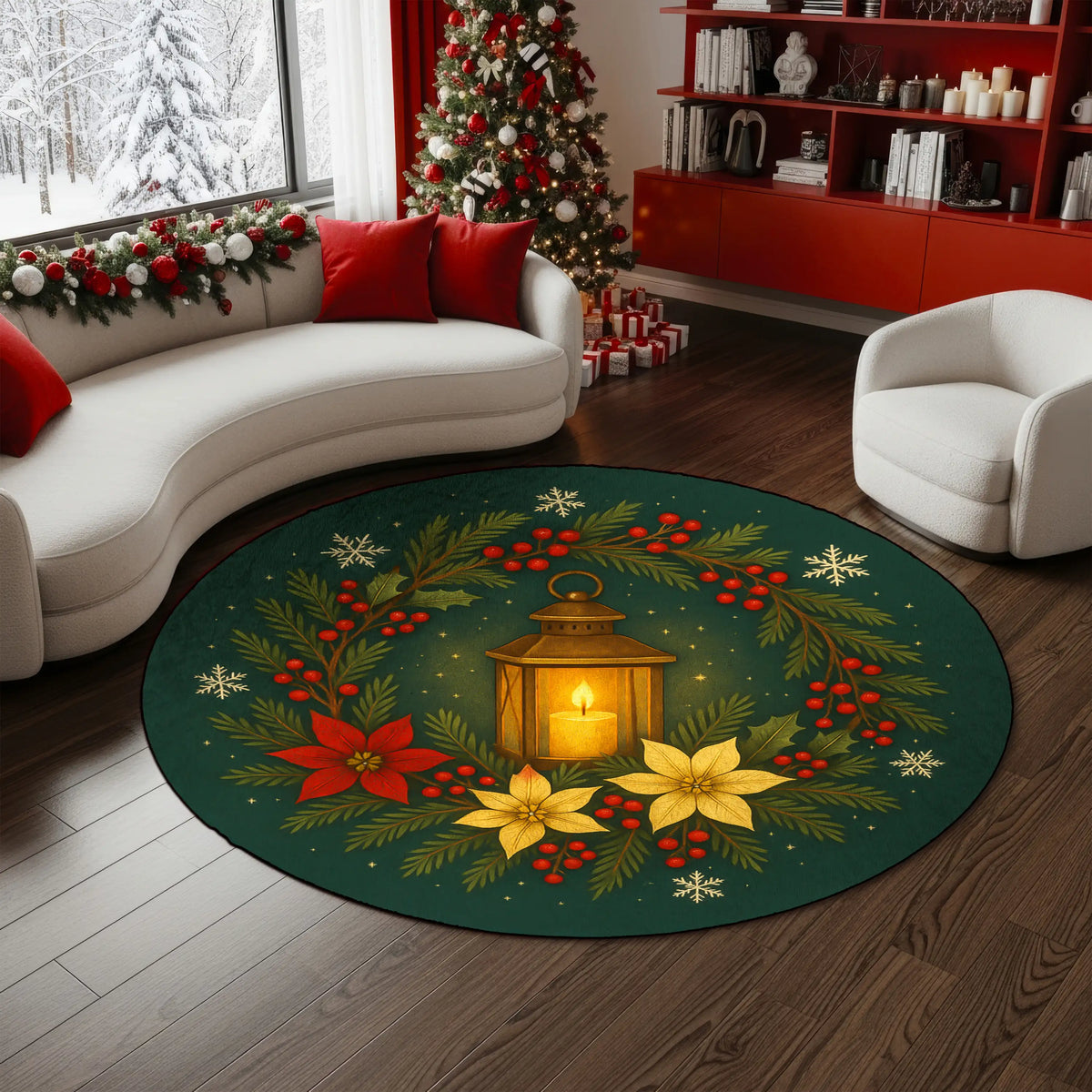 Christmas lantern round rug with poinsettia floral wreath