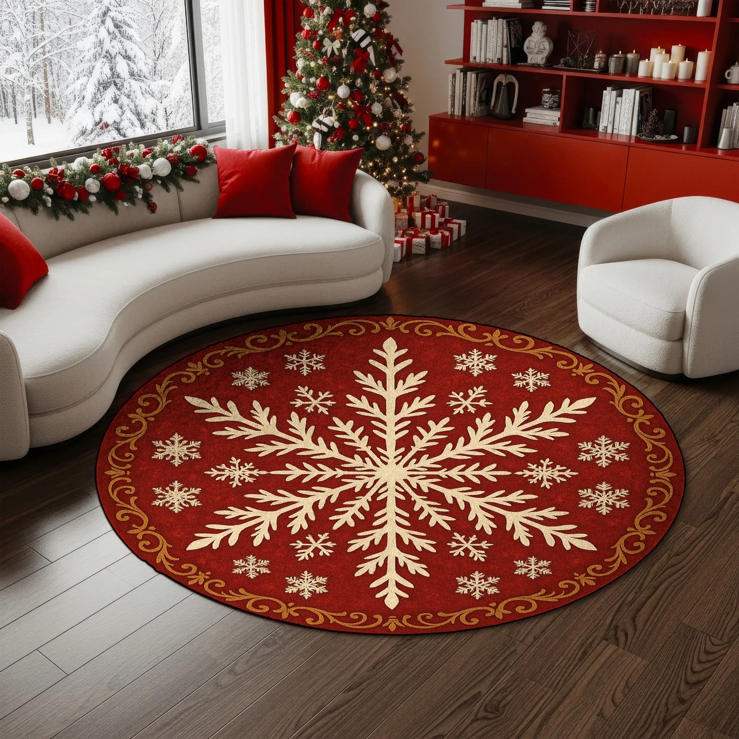 Red Christmas round rug with large snowflake design