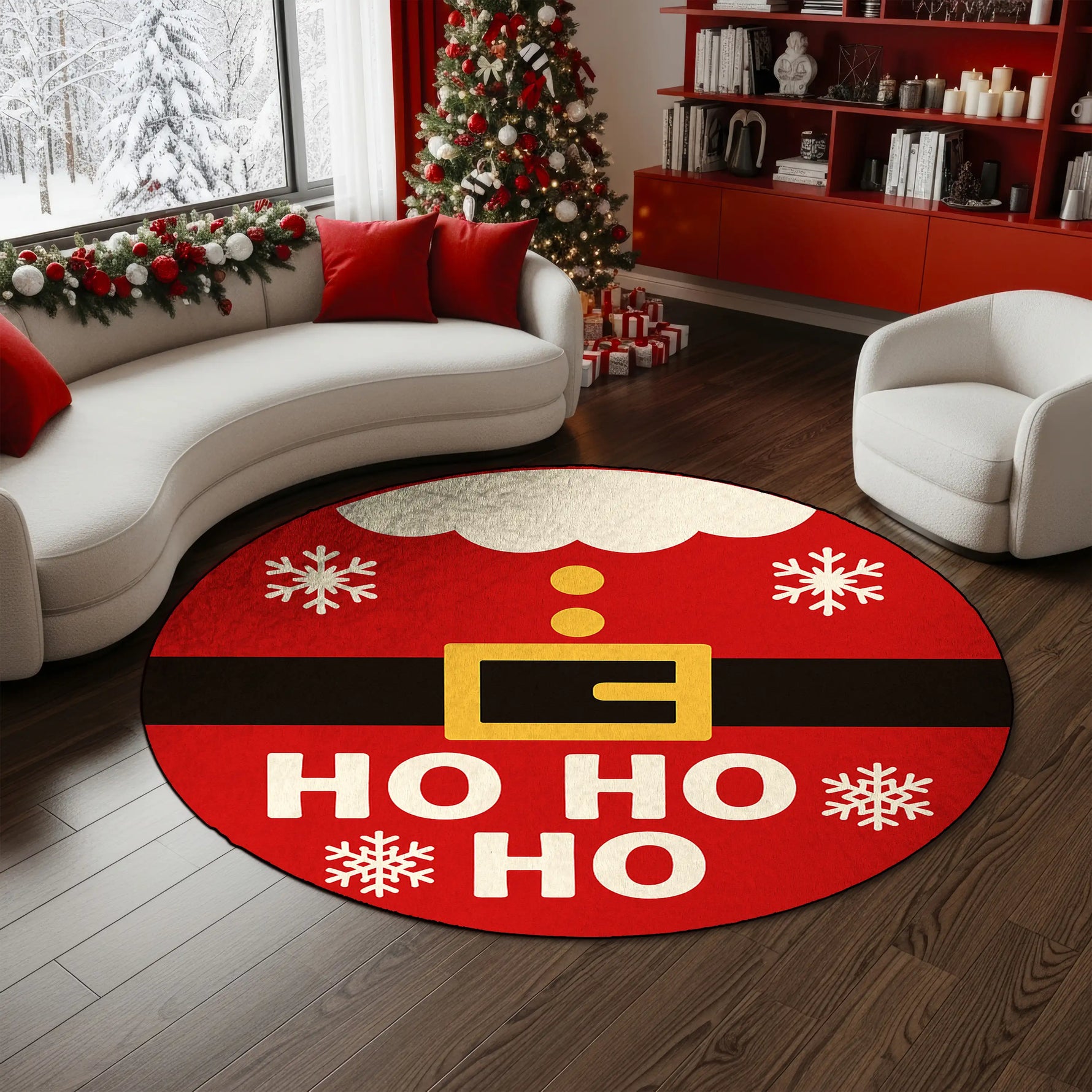 Santa suit Christmas round rug with Ho Ho Ho text