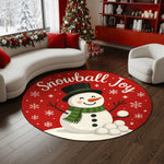 Round Christmas-themed rug with a snowman design in a living room setting.

