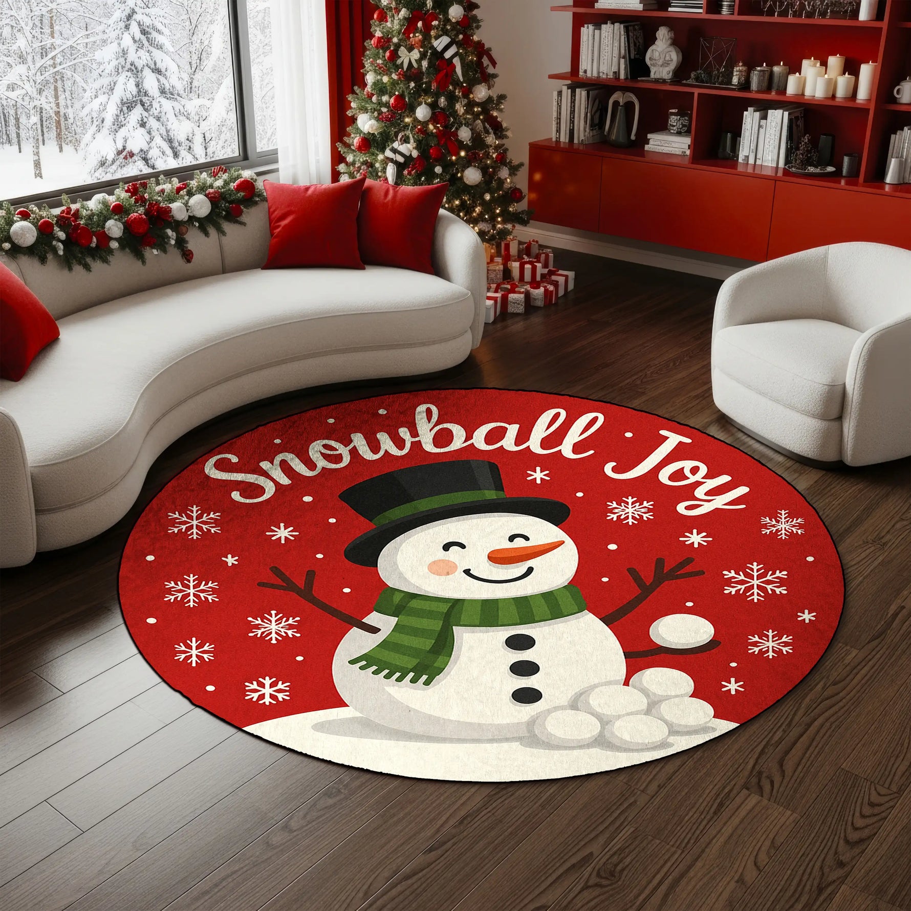 Round Christmas-themed rug with a snowman design in a living room setting.

