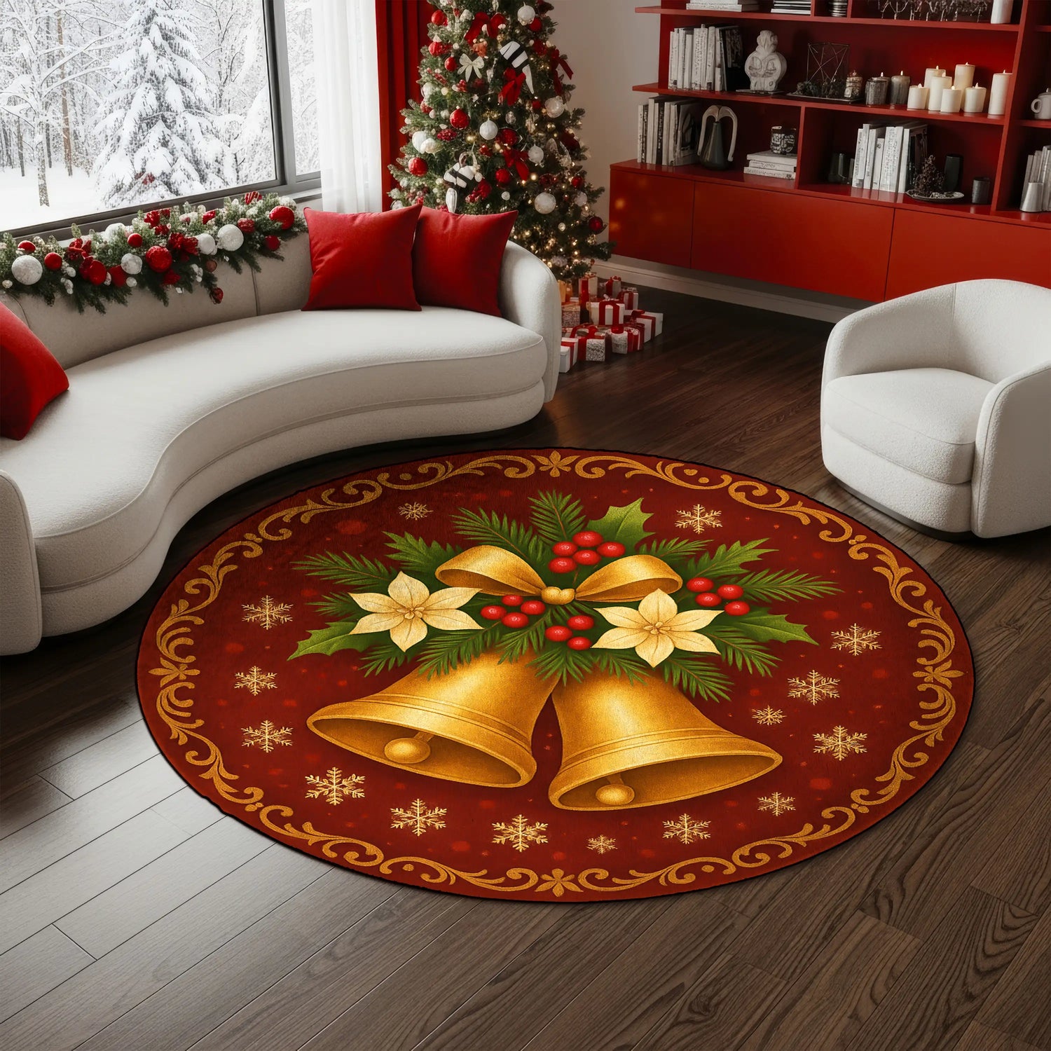 Christmas bells round rug with poinsettia and holly