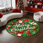 Round Christmas-themed rug with Santa Claus and snowflakes in a living room.
