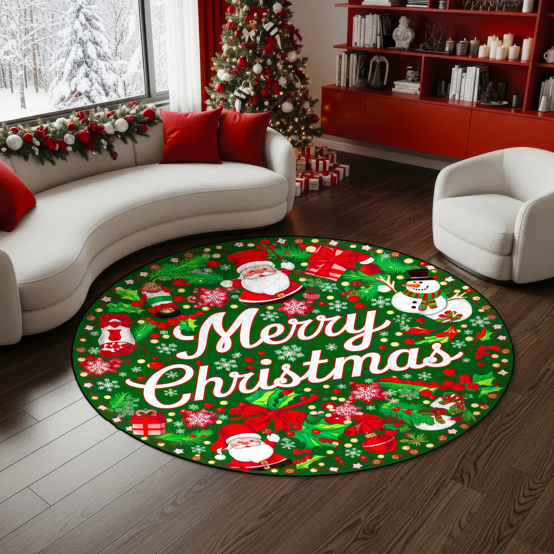 Round Christmas-themed rug with Santa Claus and snowflakes in a living room.