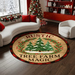 Round rug with 'Rustic Tree Farm Magic' design in a living room with Christmas decorations.

