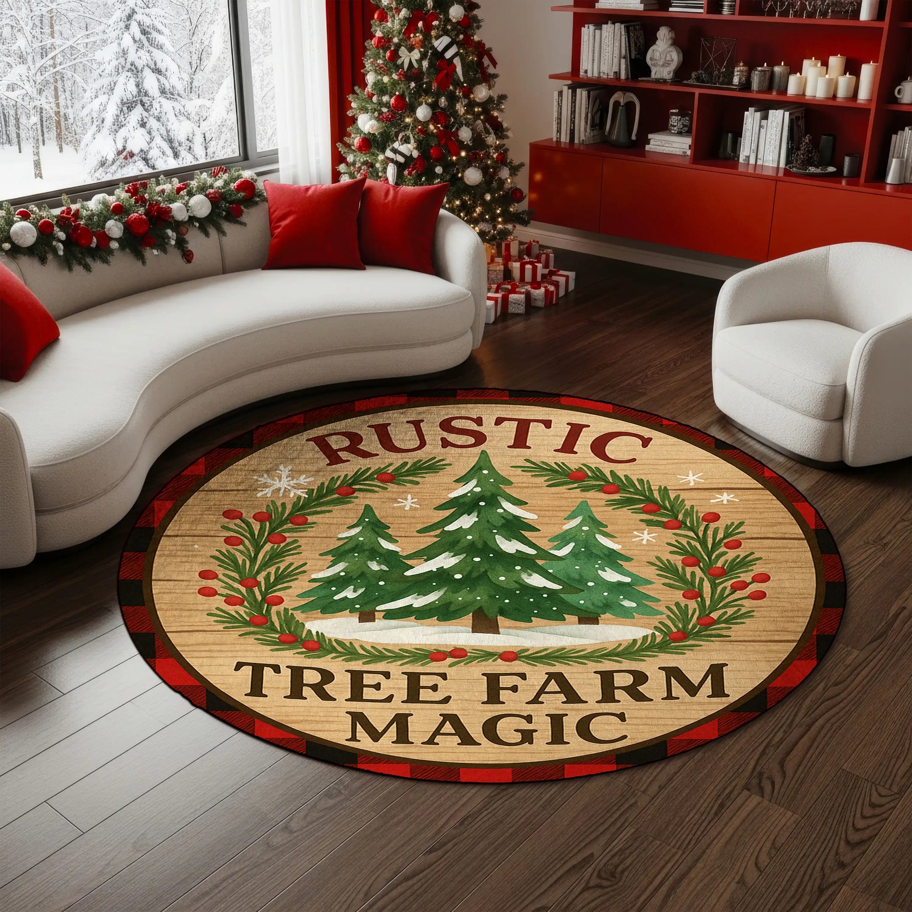 Round rug with 'Rustic Tree Farm Magic' design in a living room with Christmas decorations.

