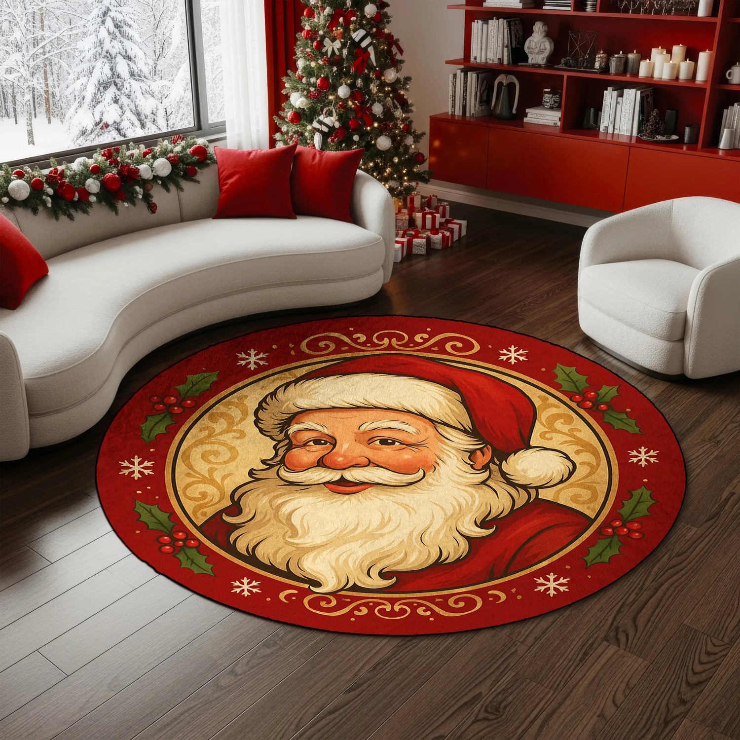Vintage Santa Christmas round rug with festive border