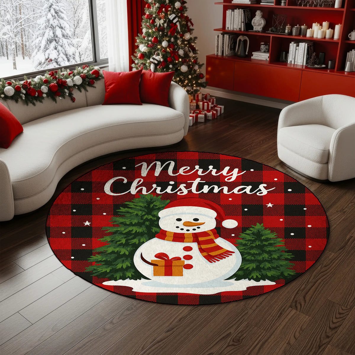 Round Christmas-themed rug with a snowman design in a living room.
