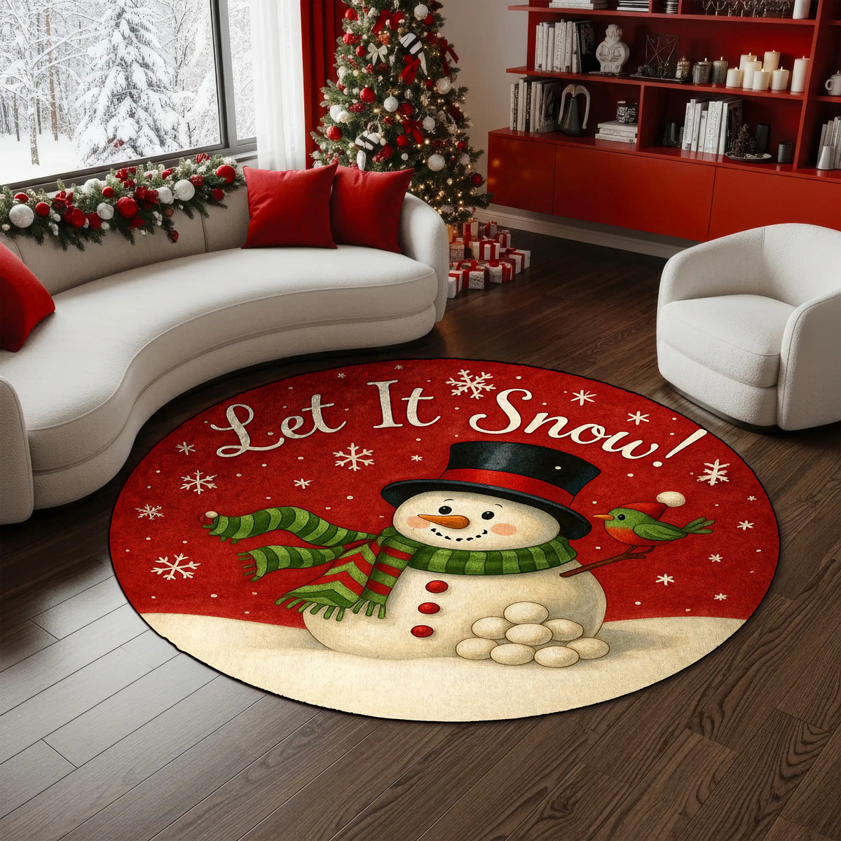 Round Christmas-themed rug with a snowman design in a living room.

