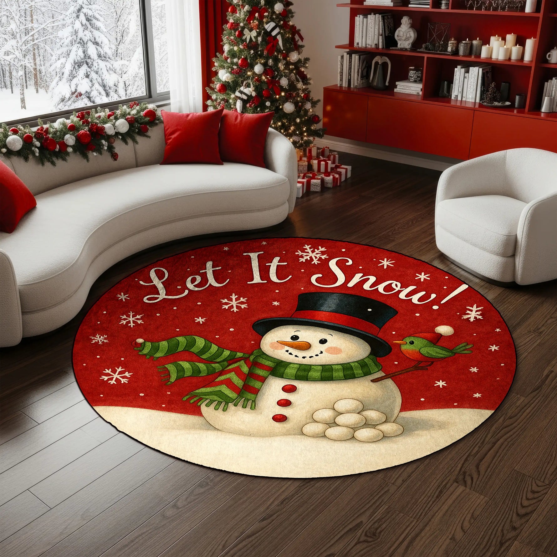Round Christmas-themed rug with a snowman design in a living room.

