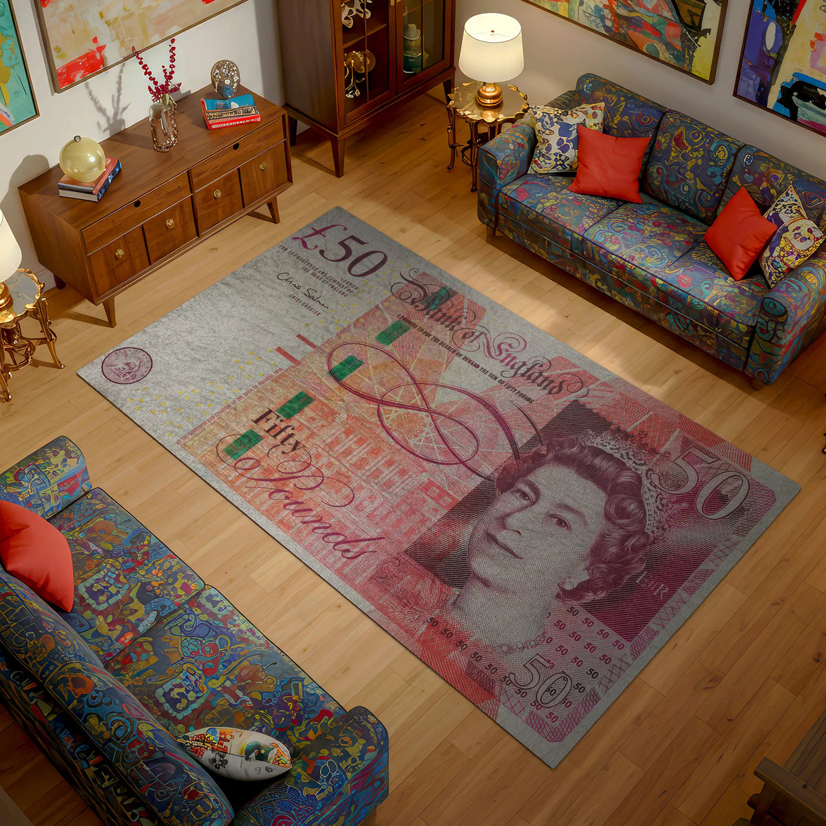 Living room with a large decorative rug featuring a British pound note design.