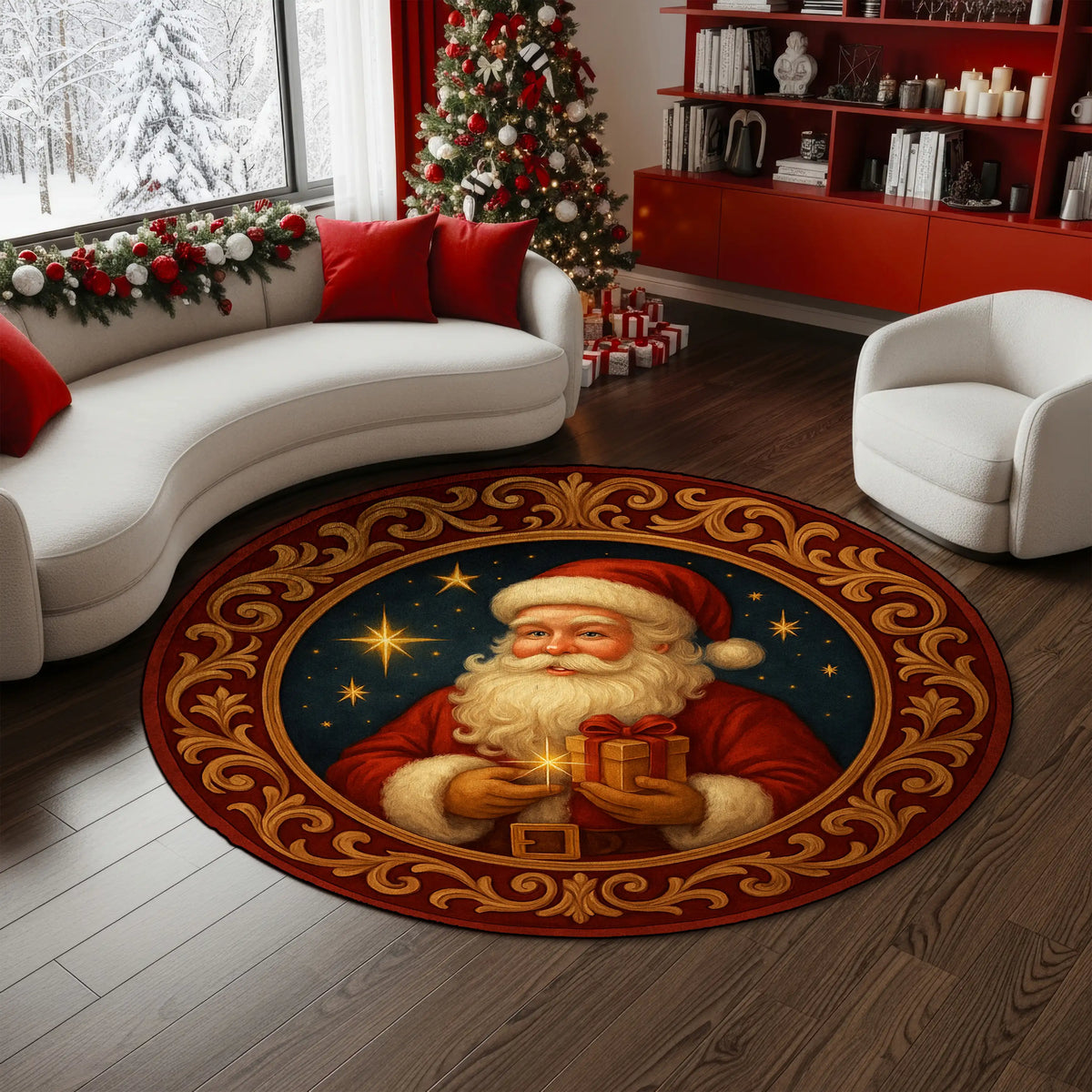Round Christmas-themed rug with Santa Claus on a wooden floor in a living room decorated for Christmas.

