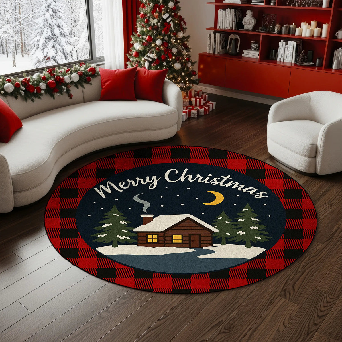 Round Christmas-themed rug with a cabin design in a living room decorated for Christmas.

