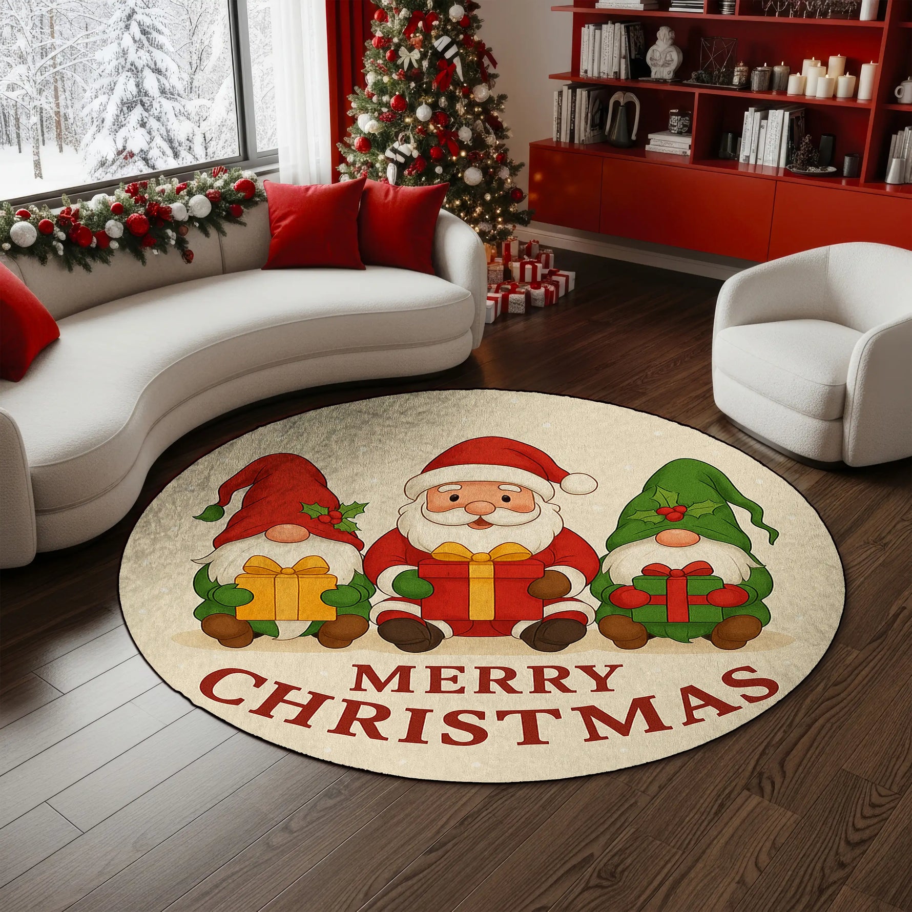 Round Christmas-themed rug with Santa and gnomes in a living room decorated for Christmas.

