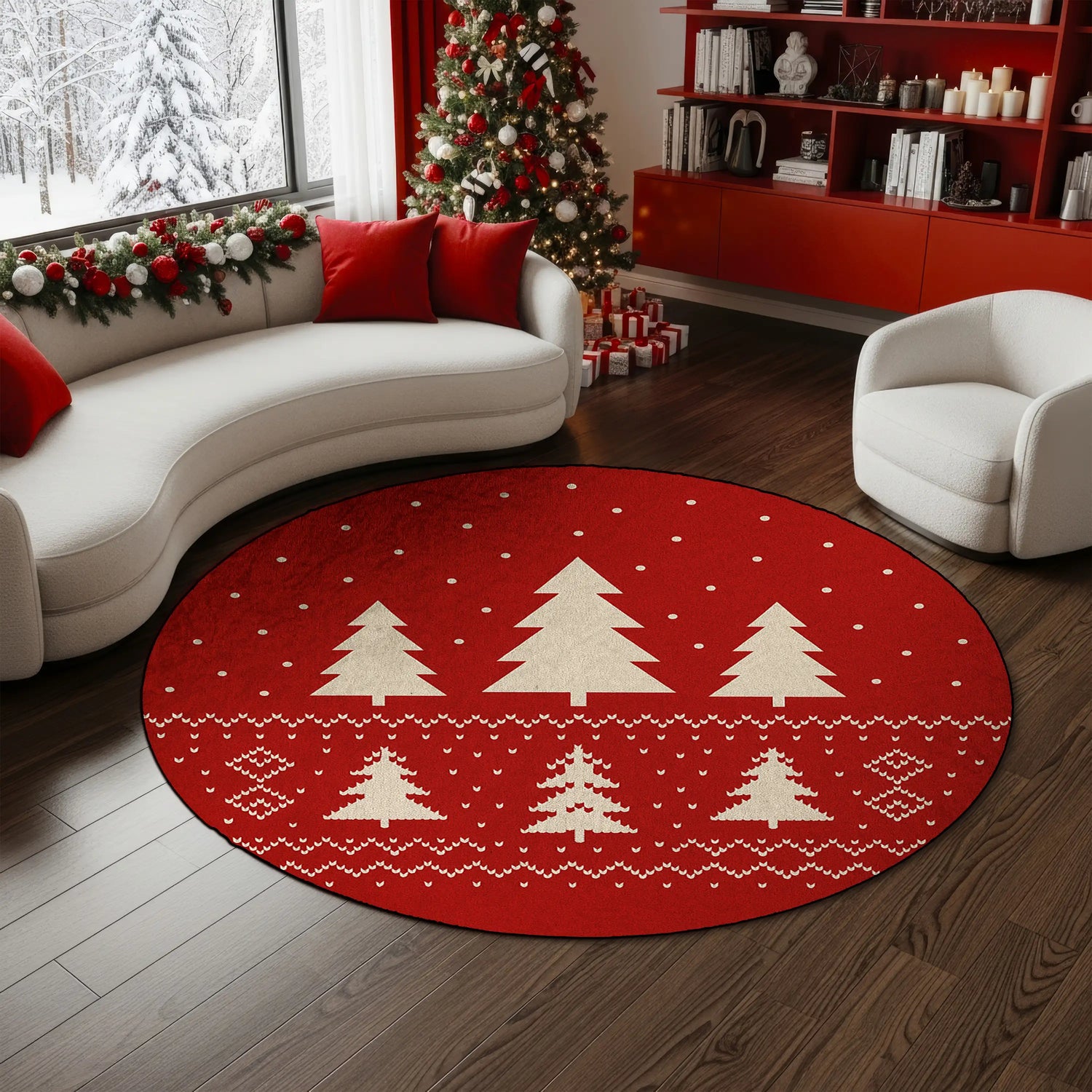 Red Christmas Tree Round Rug – Cozy Nordic Snowfall Pattern