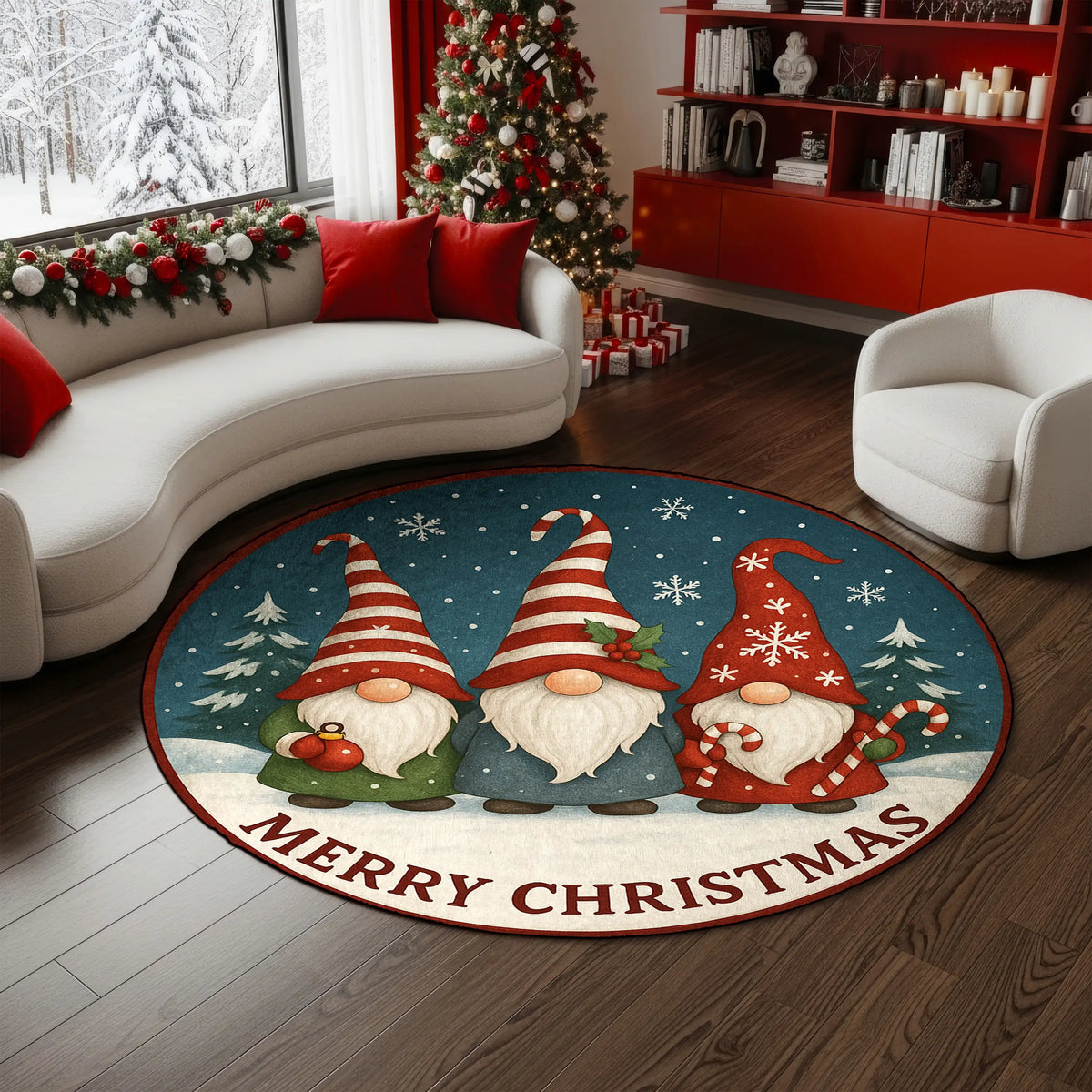Merry Christmas gnome round rug with snowy background
