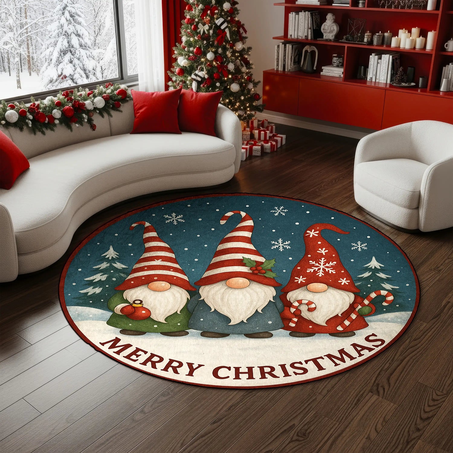 Merry Christmas gnome round rug with snowy background