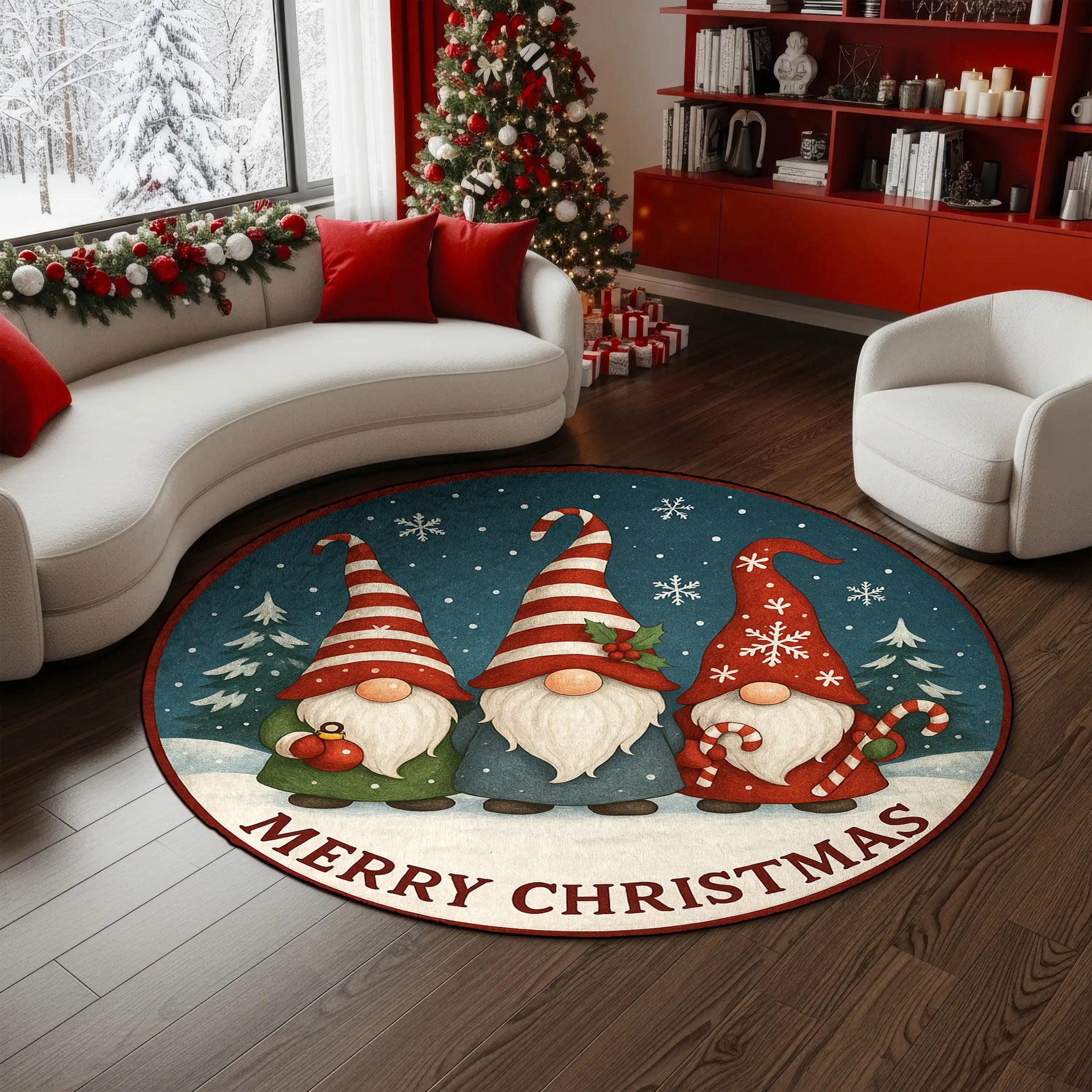 Merry Christmas gnome round rug with snowy background