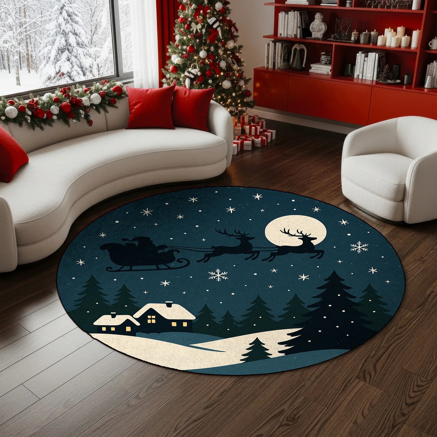 Santa sleigh night scene Christmas round rug