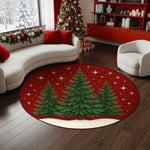 Round Christmas-themed rug with trees on a wooden floor in a living room.

