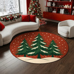 Round Christmas-themed rug with trees on a wooden floor in a living room.

