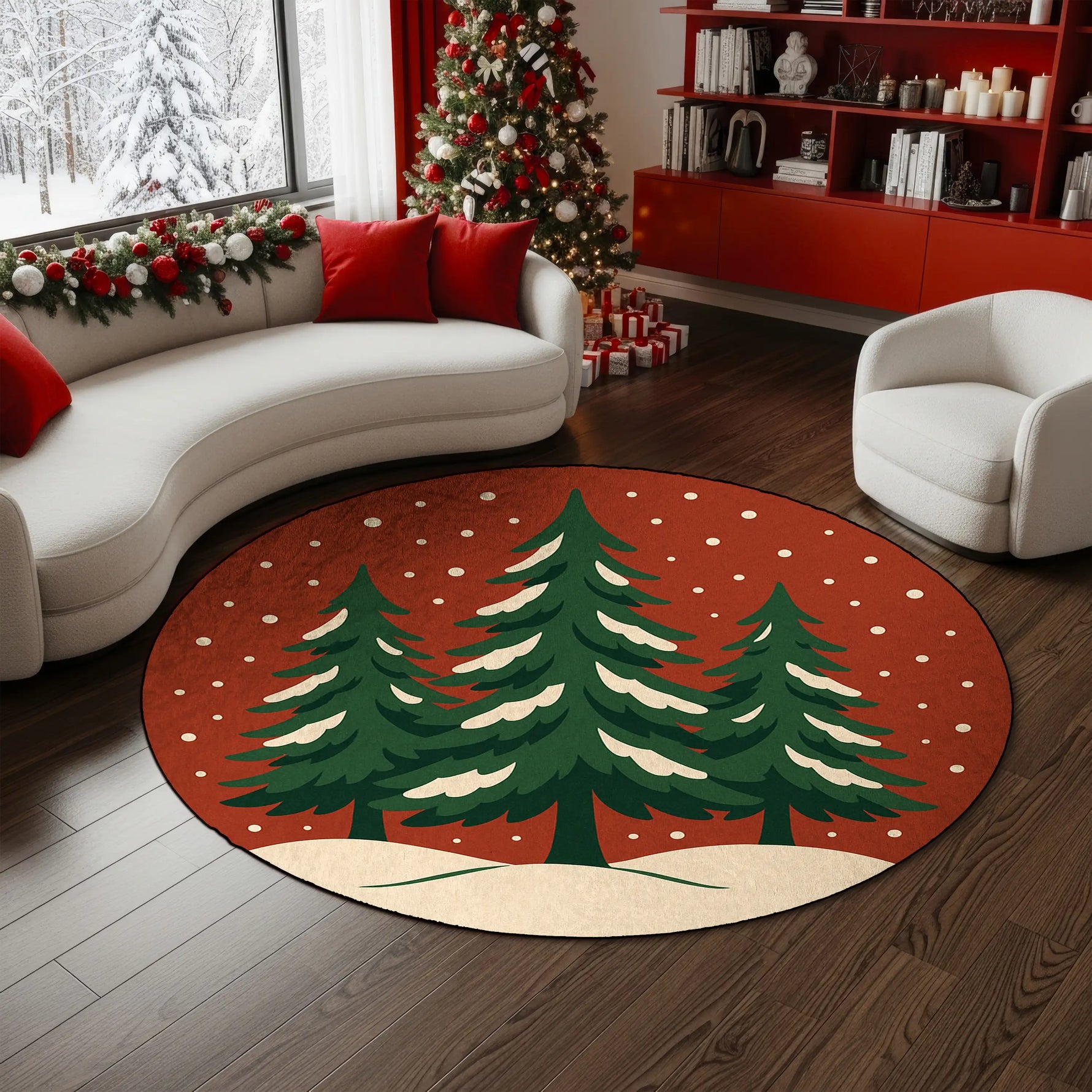 Round Christmas-themed rug with trees on a wooden floor in a living room.

