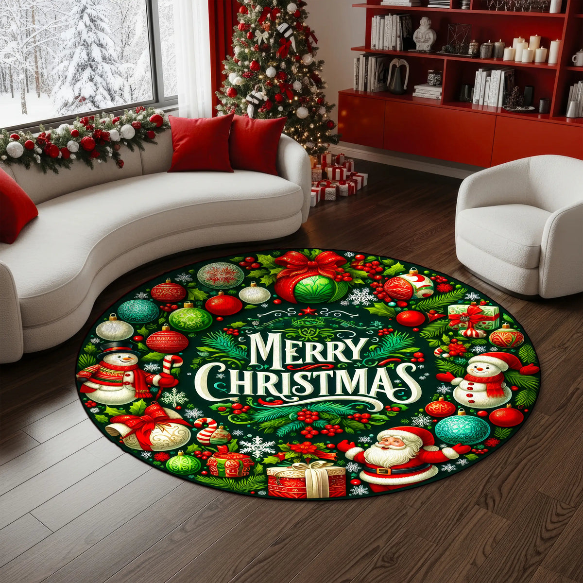 Round Christmas-themed rug with festive designs in a living room setting.