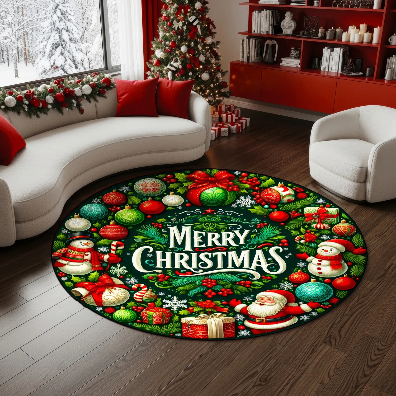 Round Christmas-themed rug with festive designs in a living room setting.