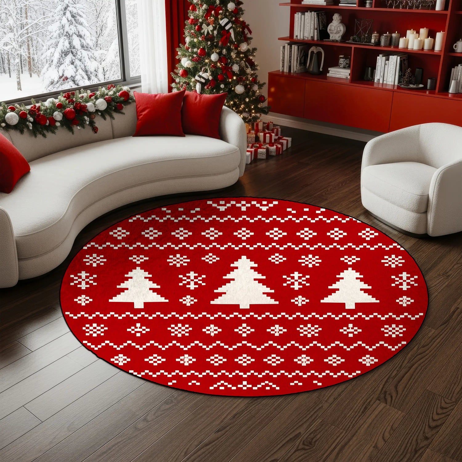 Round red rug with Christmas tree pattern in a living room with a decorated tree and presents.

