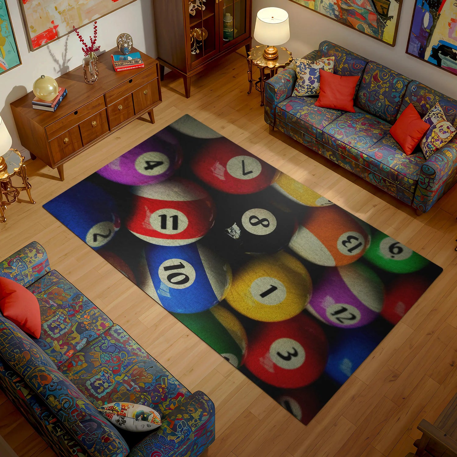 Colorful Billiard Pool Balls Rug – Game Room Decor – Modern Playful Floor Mat