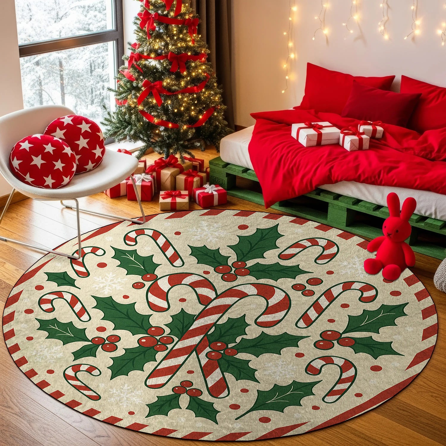 Decorative Christmas rug with candy canes and holly in a festive room with a tree and presents.

