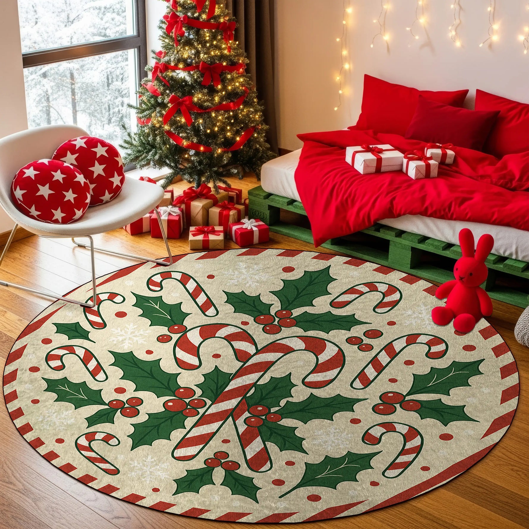 Decorative Christmas rug with candy canes and holly in a festive room with a tree and presents.

