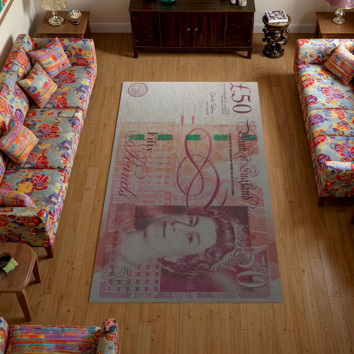 Living room with a large £50 banknote rug on a wooden floor