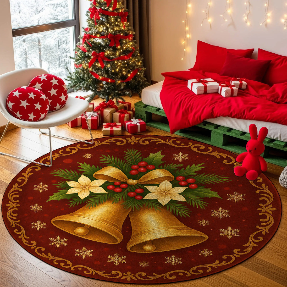 Decorative Christmas rug with bells and snowflakes in a festive room.

