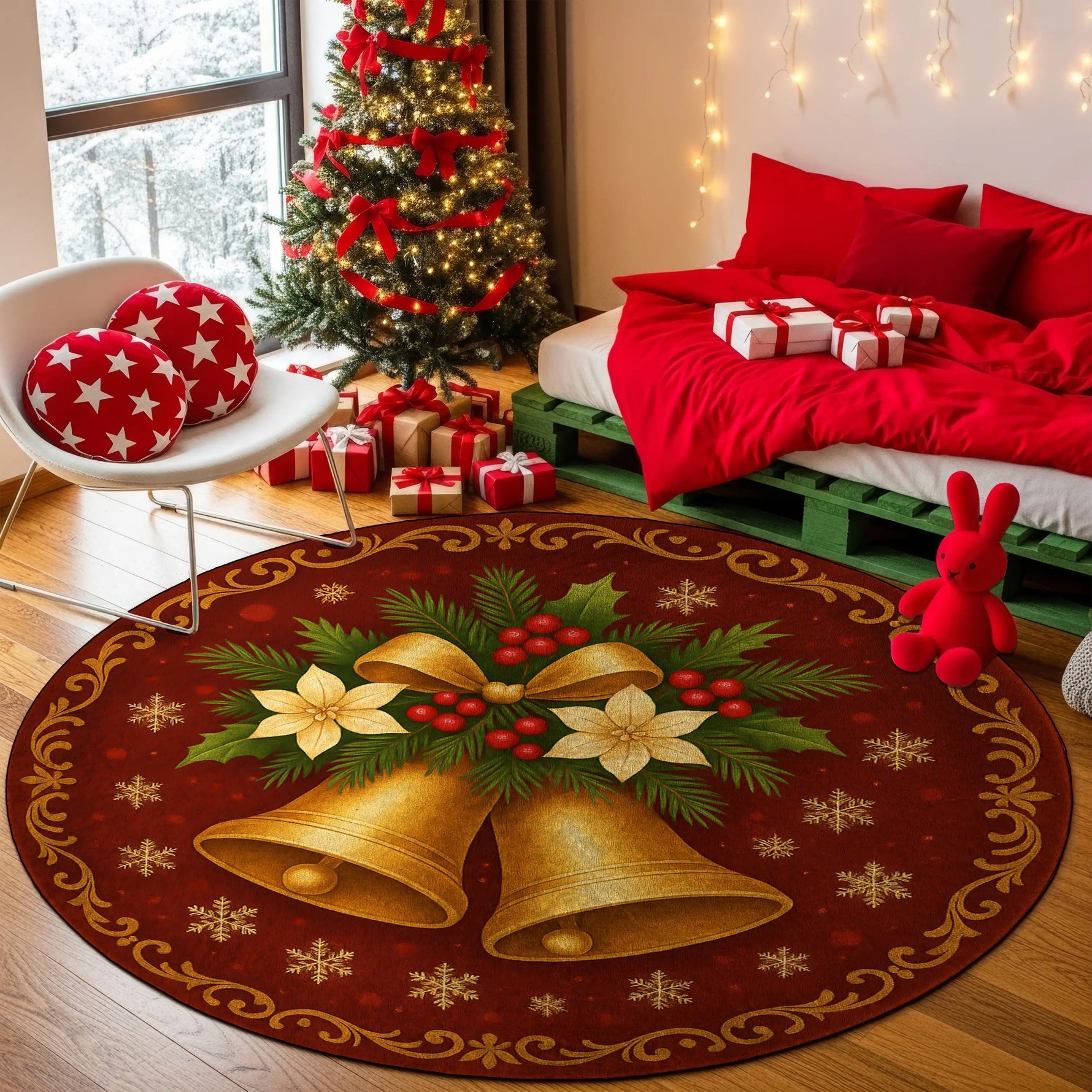 Decorative Christmas rug with bells and snowflakes in a festive room.

