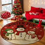 Round red rug with snowmen design and 'Winter Fun' text in a festive room with Christmas tree and decorations.

