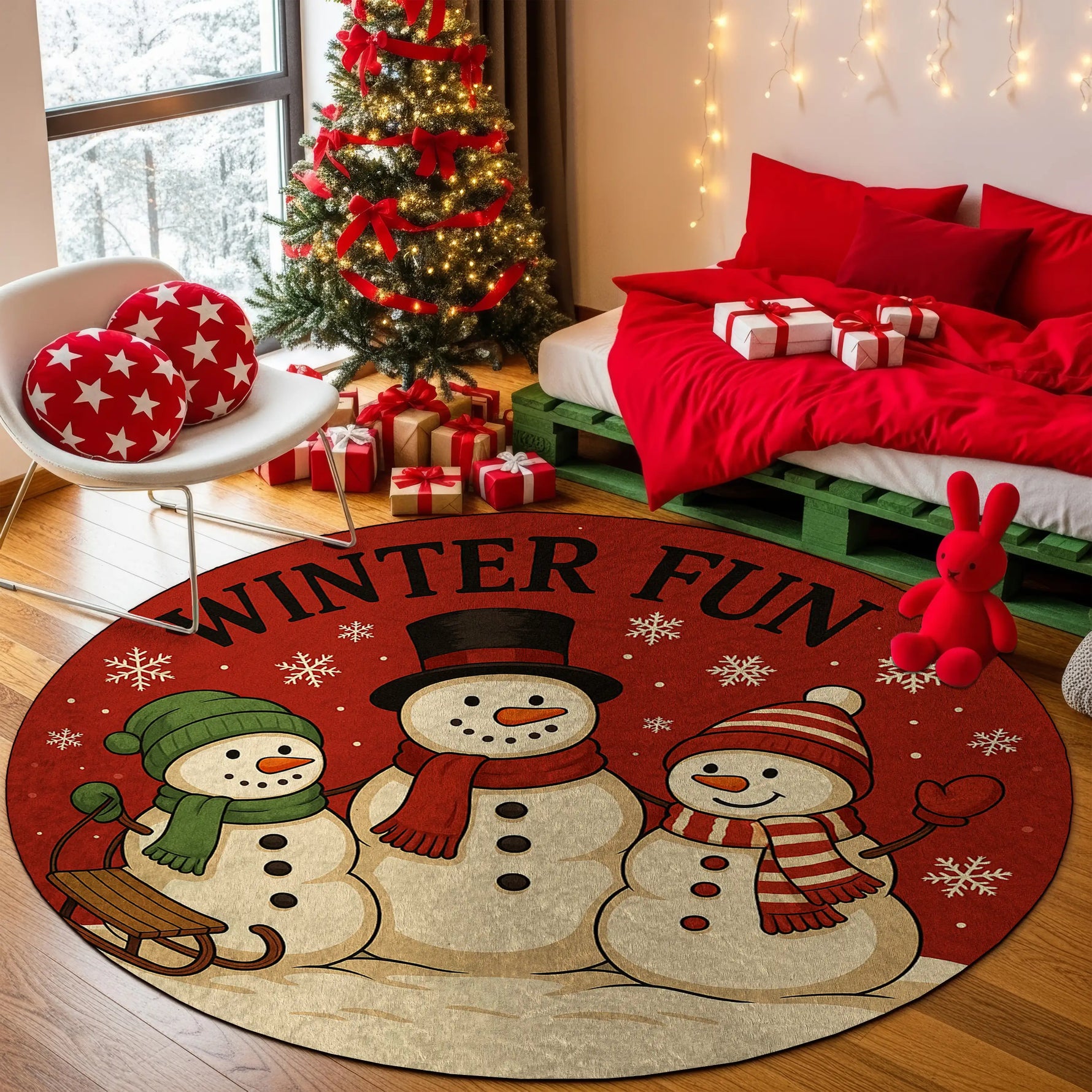 Round red rug with snowmen design and 'Winter Fun' text in a festive room with Christmas tree and decorations.

