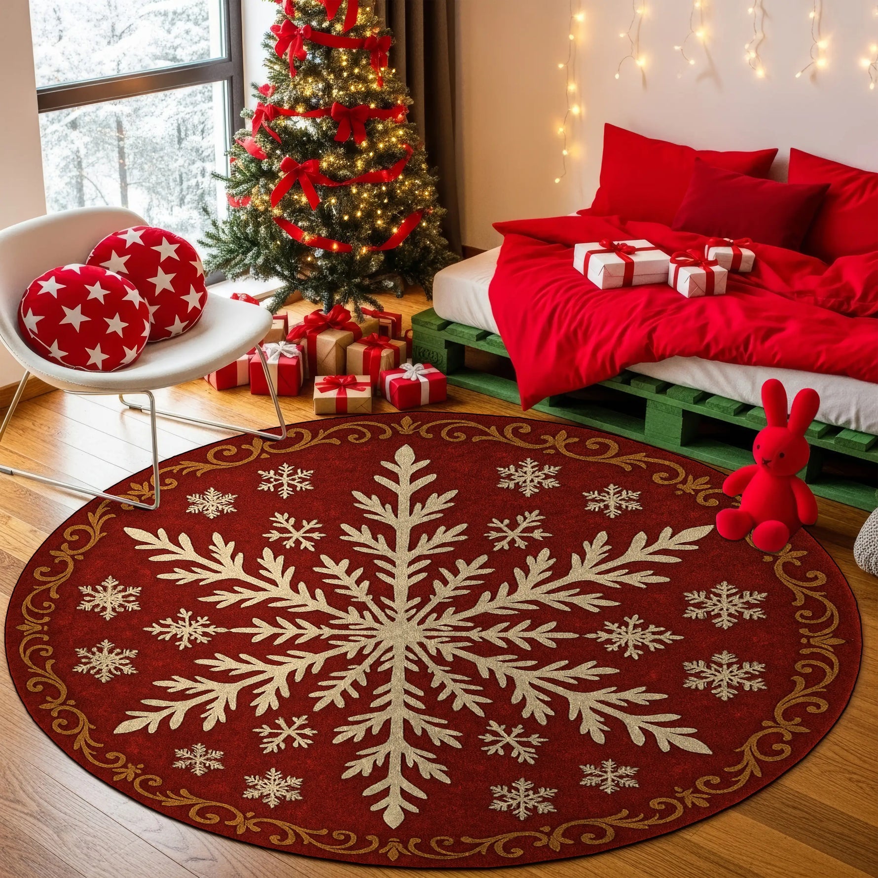 Decorative red rug with snowflake pattern in a festive room with Christmas tree and presents.

