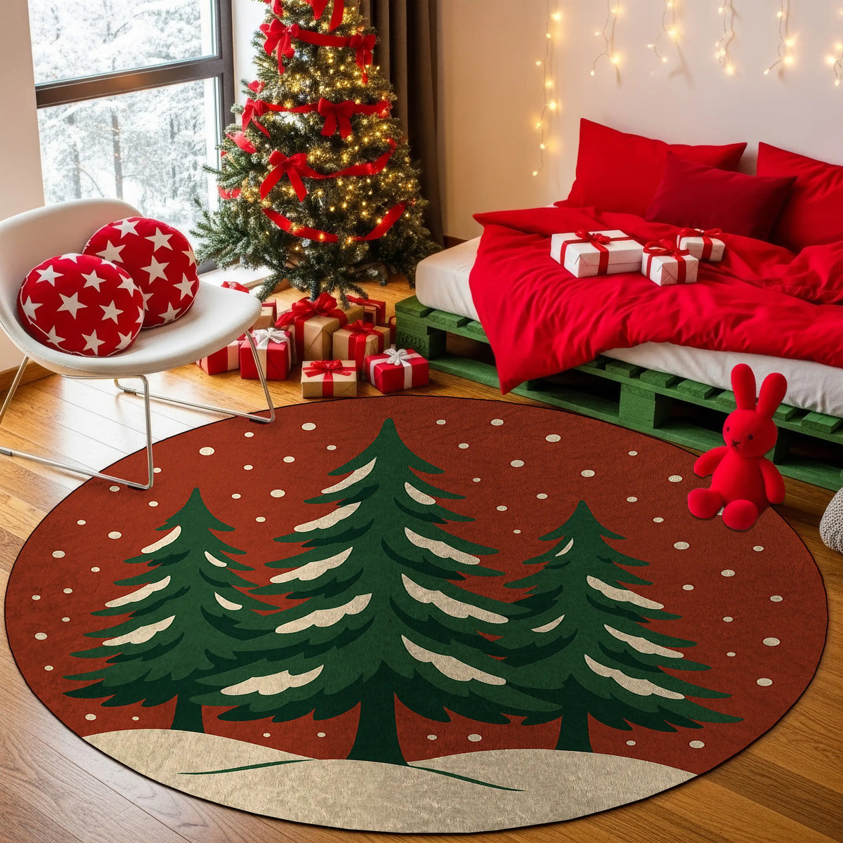 Decorative rug with Christmas tree design in a festive room with a Christmas tree and presents.


