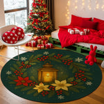 Decorative Christmas rug with lantern design in a festive room with tree and presents.

