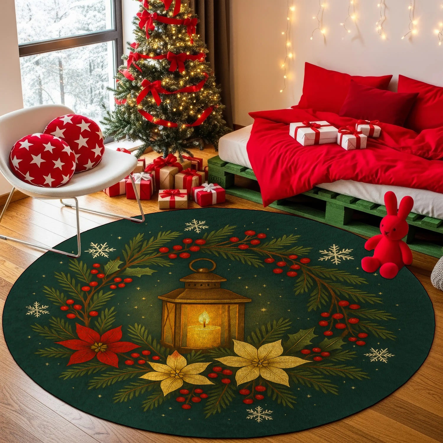 Decorative Christmas rug with lantern design in a festive room with tree and presents.

